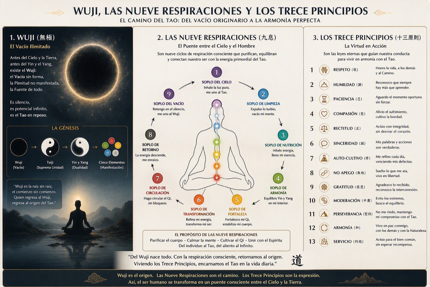Infografía: Wuji como vacío ilimitado en el origen del Tao, las Nueve Respiraciones como puente entre el Cielo y el Hombre, y los Trece Principios como la virtud en acción — el camino del vacío originario a la armonía perfecta.