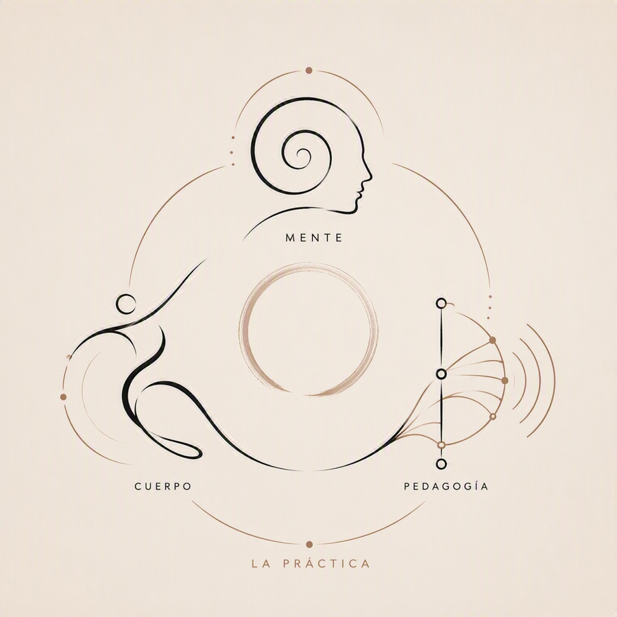 Diagrama que muestra los tres ejes de la práctica en Espacio Taiji: el cuerpo en movimiento, la mente en quietud, y la pedagogía de la enseñanza.