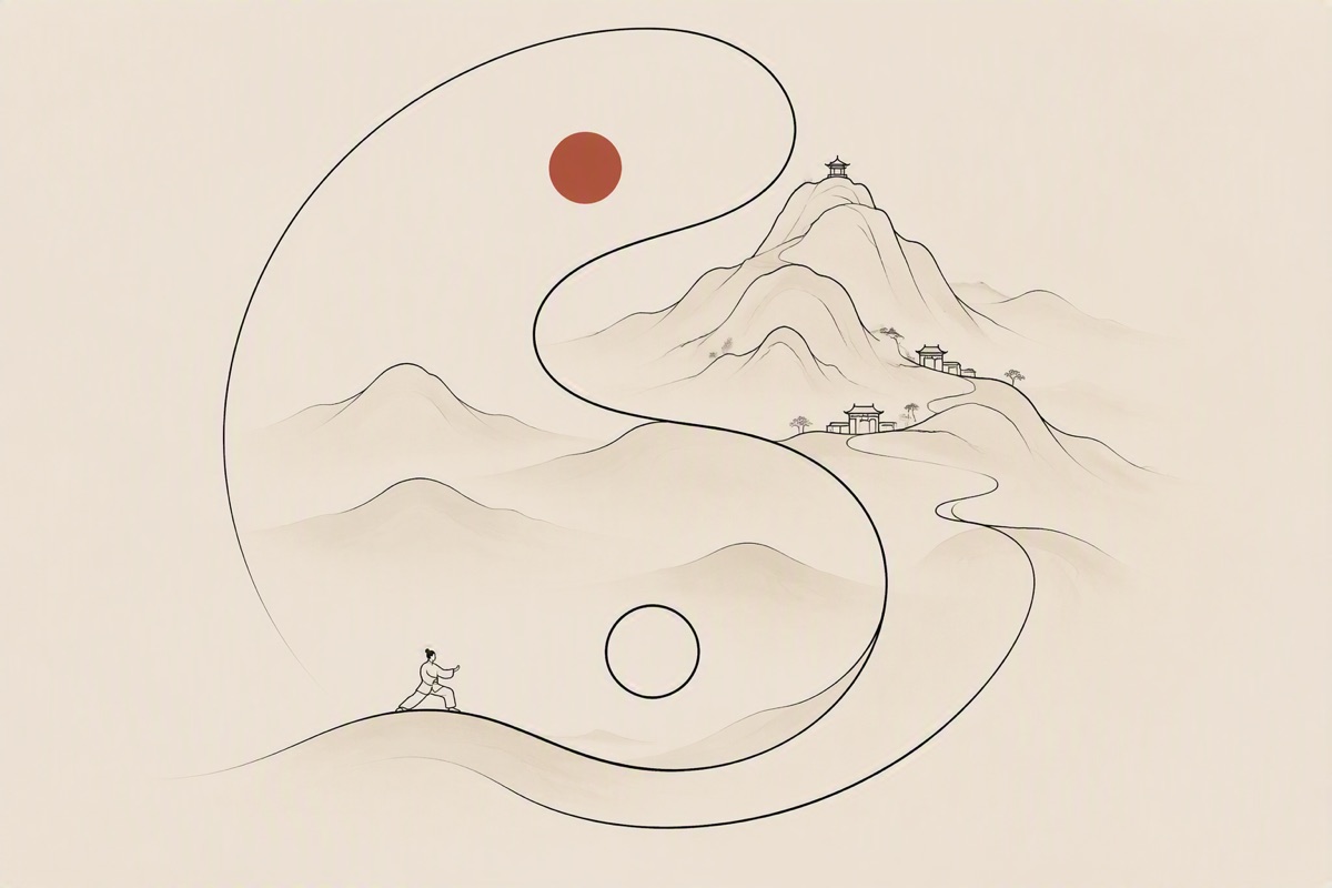 Ilustración de un practicante de Taijiquan frente a la cordillera de Wudang, con un sendero en forma de taijitu que une la práctica con el monte sagrado.