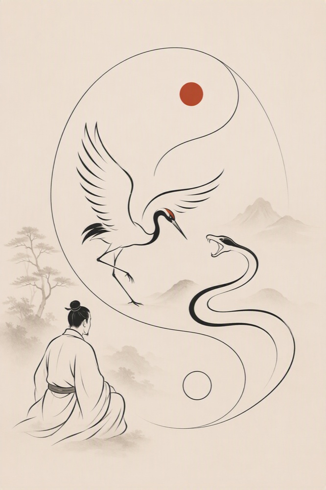 Ilustración de Zhang Sanfeng observando el encuentro entre una grulla y una serpiente dentro de un taijitu, el episodio legendario que la tradición asocia con el origen del Taijiquan.